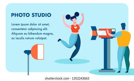 Professional Photo Studio Banner Vector Template. Woman in Casual Clothes and Operator Cartoon Character. Model Posing for Camera. Shooting Stage Illustration with Text Space. Camcorder, Spotlight