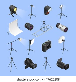 Professional photo studio equipment isometric icons set with camera portrait lens and lighting realistic isolated vector illustration 