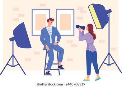 Professional photo studio. Photographer shooting male portrait isolated on white background