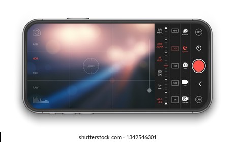Aplicación móvil profesional de cámara fotográfica y de vídeo Premium con configuración avanzada Concepto de interfaz de usuario de maqueta en pantalla inteligente sin marco realista aislada en fondo blanco. Fotografía móvil
