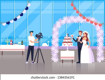 Professional photograph man character taking photo of wedding couple bride and groom. Vector flat cartoon graphic design illustration