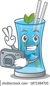 a professional photographer blue hawai cocktail cartoon picture working with camera