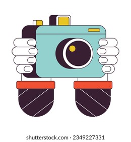 Professional photographer camera flat line color isolated vector object. Device for taking photos. Editable clip art image on white background. Simple outline cartoon spot illustration for web design