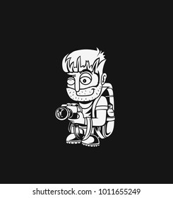 Professional photographer with camera. Flat style vector illustration isolated on black background.