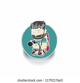 Professional photographer with camera. Flat style vector illustration isolated on black background.