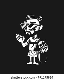 Professional photographer with camera. Flat style vector illustration isolated on black background.