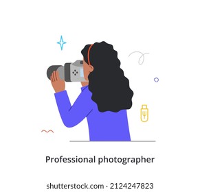 Professional photographer or cameramen abstract concept. Young woman looks into camera lens and adjusts frame for beautiful photo. Female character takes picture. Cartoon flat vector illustration