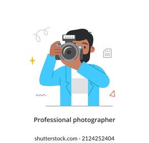 Professional photographer or cameramen abstract concept. Young man holds camera, adjusts lens and presses shooting button. Character takes beautiful photos.. Cartoon modern flat vector illustration