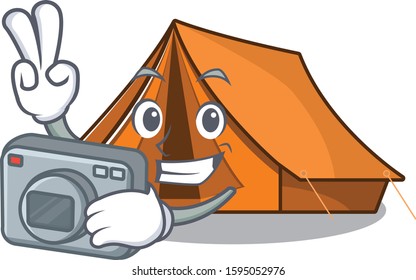 a professional Photographer camping tent Scroll mascot style with a camera
