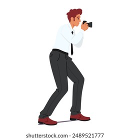 Professional Photographer Character In Action, Capturing Photo With His Camera. Cartoon Vector Illustration Depicts A Person In A Photographic Pose, Emphasizing Creativity, Focus, And Professionalism