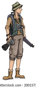 Professional photographer character with cameras, tripod and a backpack, vector illustration