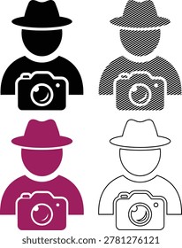 Professional photographer character vector illustration set wearing fedora hat holding camera isolated on transparent background for creative media photography services.