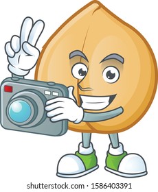 a professional Photographer chickpeas cartoon character with a camera