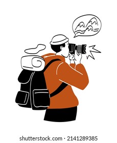 Professional photographer concept. Man with backpack and camera takes picture. Creative personality, paparazzi. Memory of important events and historical moments. Cartoon flat vector illustration