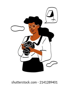 Professional photographer concept. Young girl smiles with camera in her hands, paparazzi poses for pictures. Inconspicuous worker evaluates lighting, creative person. Cartoon flat vector illustration