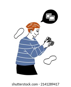 Professional photographer concept. Young guy in camera looks at pictures taken and smiling. Creative person evaluates his work. Memories of important moments in life. Cartoon flat vector illustration