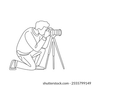 Professional photographer with digital camera and tripod line art illustration