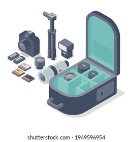 Professional photographer equipment and bag: digital camera and accessories, isometric objects on white background