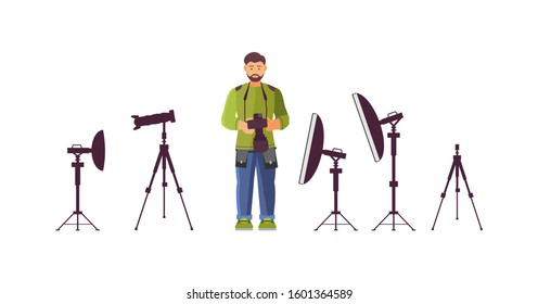 Professional photographer with professional equipment camera with optional accessories, lighting equipment in studio. Male photographer character preparing for photo shoot cartoon vector illustration