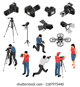 Professional photographer equipment isometric icons collection with studio portrait photo shoots camera light drone isolated vector illustration 