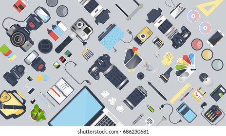 Professional Photographer Equipment Set. Photography Tools, Photo Editing. Digital Photography. Web Banner. Photographer. Modern Simple And Clean Design.