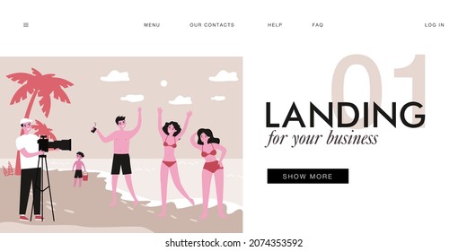 Professional photographer filming group of friends on beach. Young people shooting commercial flat vector illustration. Vacation, photography, summer concept for banner, website design or landing page