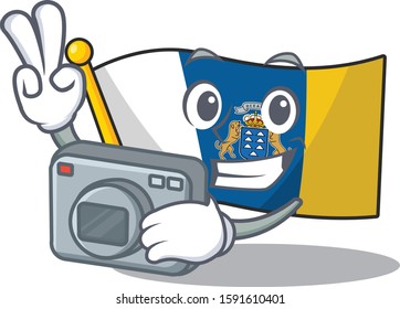 a professional Photographer flag canary island Scroll mascot style with a camera