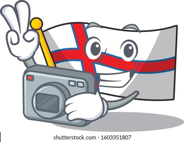 a professional Photographer flag faroe island Scroll mascot style with a camera