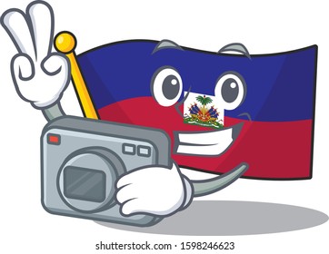 a professional Photographer flag haiti Scroll mascot style with a camera