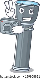 a professional Photographer flashlight Scroll mascot style with a camera