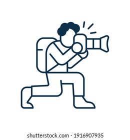 Professional photographer looking into objective. Paparazzi icon with cameraman making a capture in line art.