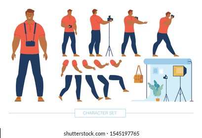 Professional Photographer Male Character Constructor Isolated, Trendy Flat Design Elements Set. Cameraman in Various Poses, Body Parts, Emotion Face Expressions, Photo Studio Equipment Illustrations