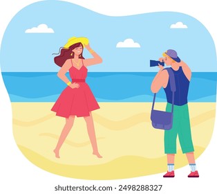 El fotógrafo de Profesional toma una foto en la playa. Bonita foto de mujer joven. Ilustración vectorial