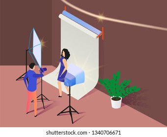 Professional Photographer Shooting Fashion Model in Photo Studio. Photography Equipment. Reflector, Light. Young Woman Posing in Photostudio, Photo Assistant 3D Isometric Vector Illustration