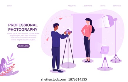 Professional photographer shooting female model. Model poses for magazine cover, banner. Photoshoot with lights, background. Website, web page, landing page template. Flat cartoon vector illustration