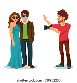 Professional photographer takes a photo of a beautiful celebrity couple. Flat style vector illustration isolated on white background.