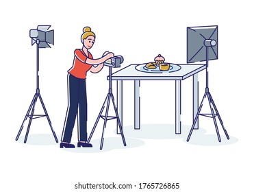 Professional photographer taking photo of food with professional camera and light in studio. Food photographer concept. Artistic occupation and photography. Linear vector illustration