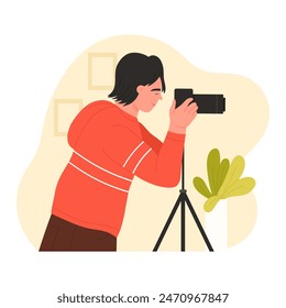 Professional photographer taking photo or video with camera on tripod vector illustration