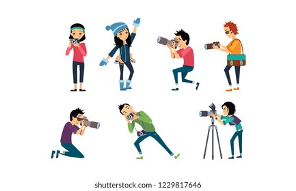 Professional photographer taking photos with camera set vector Illustration on a white background