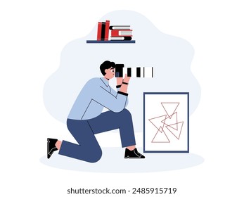 Professional photographer taking photos inside his photo studio, vector illustration.