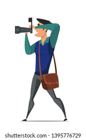 Professional photographer taking pictures flat vector character. Cartoon paparazzi illustration. Reportage, photo session. Reporter taking photos. Casual young man isolated drawing. Photoshoot process