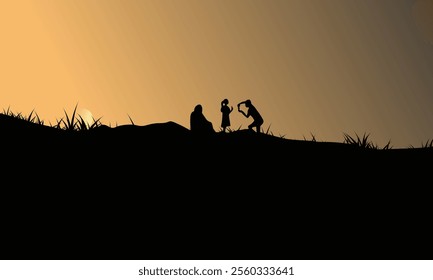 Professional photographer taking pictures of two girls in the middle of nature. A person with a camera on a tripod flat vector illustration. Nature concept for photography, travel, banner, website des