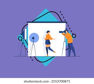 Professional photographer taking pictures of young woman. Female model posing for camera against white backdrop among studio light. Vector illustration for photo shooting, photography concept