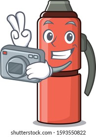 a professional Photographer thermos bottle Scroll mascot style with a camera