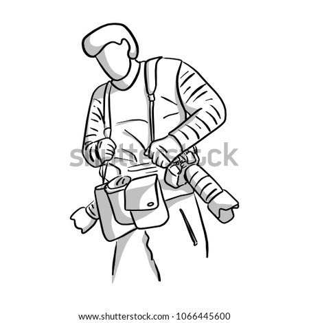 professional photographer with two DSLR camera, vector illustration sketch hand drawn with black lines isolated on white background