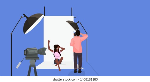 professional photographer using camera man shooting beautiful sexy woman model raising hands posing in modern photo studio horizontal full length flat vector illustration