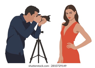 A professional photographer using a camera on a tripod to take a portrait of a beautiful young woman wearing a stylish red dress, isolated on a white background.