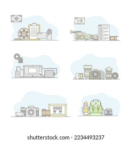 Professional photographer and videographer equipment set. Digital camera, camcorder, photography, videography tools vector illustration