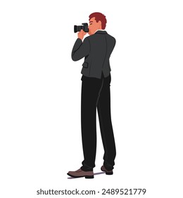 Professioneller Fotograf in Business-Kleidung, der ein Foto mit einer Kamera in voller Höhe auf weißem Hintergrund macht. Cartoon-Vektorgrafik-männliche Figur, die ein Foto schießt