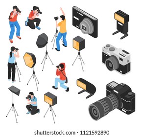 Professional photographer and work equipment including cameras, tripod, lighting facilities, isometric icons set, isolated vector illustration